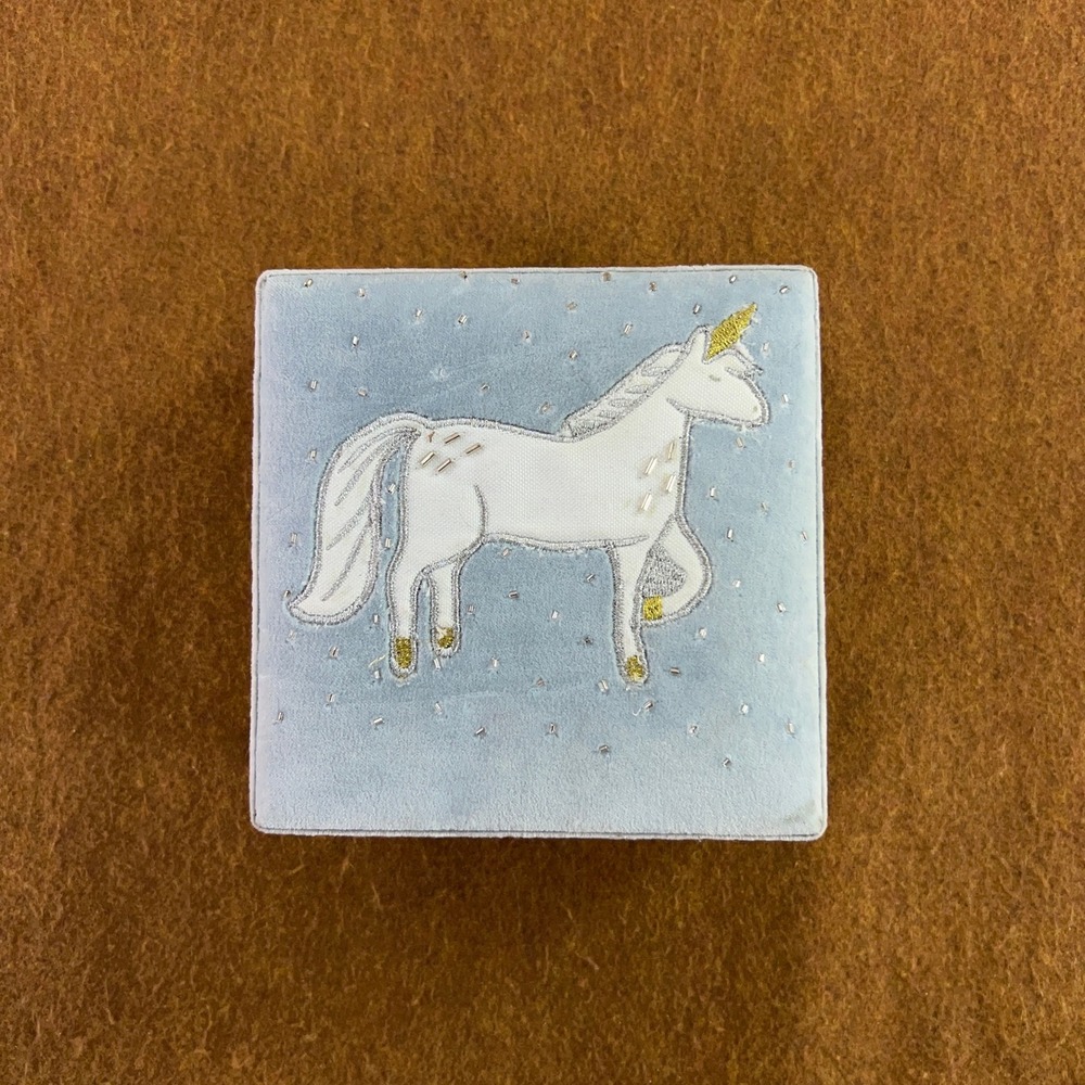 Unbranded Girls Small Blue Velvet Embroidered Unicorn Mirror Jewelry Box New
